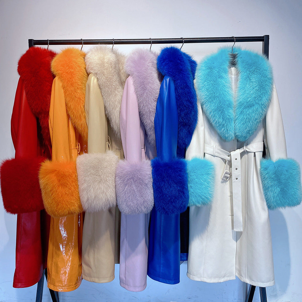 Manteau de fourrure de renard en cuir mince