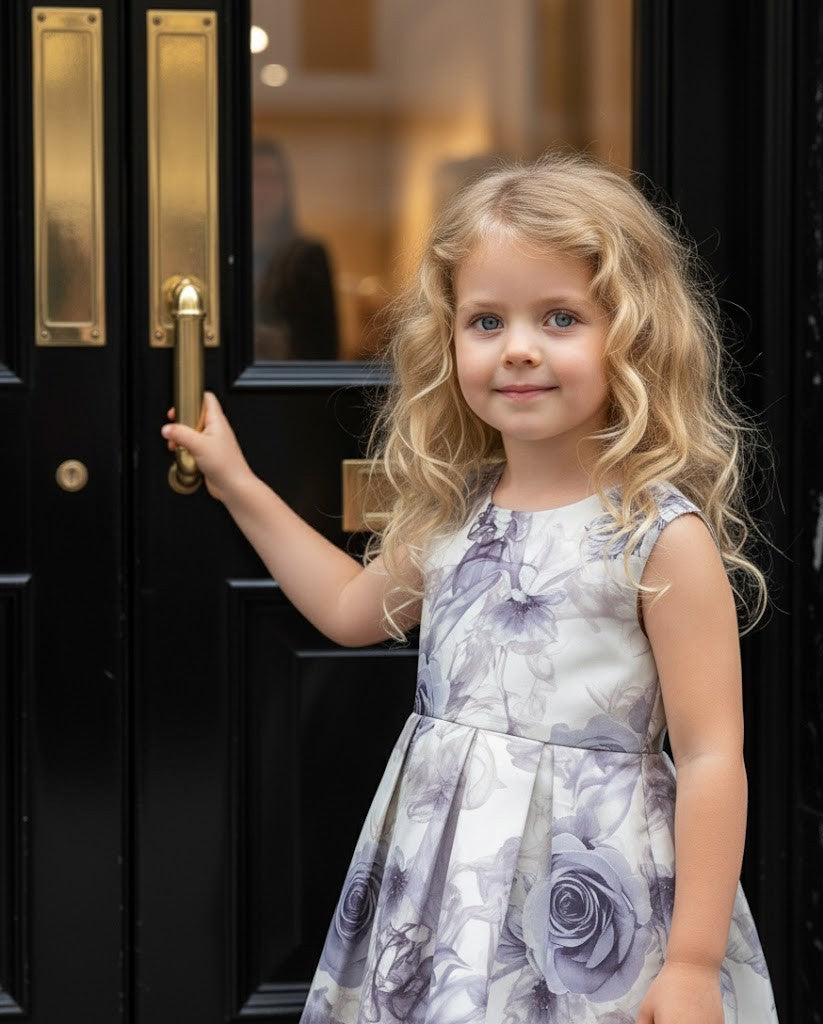 Filles Smoke Grey Summer Dree Floral Robe de cocktail avec Élégante Bow 1-9Y