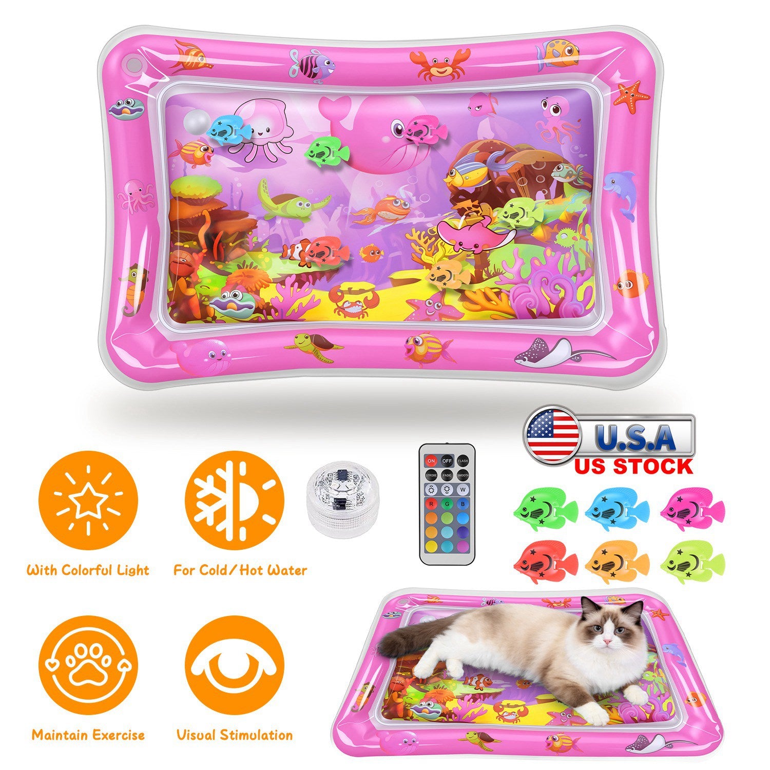 Mat d'eau chat interactif de jeu sensoriel avec des jouets flottants de poisson LED couleur changeant ligh