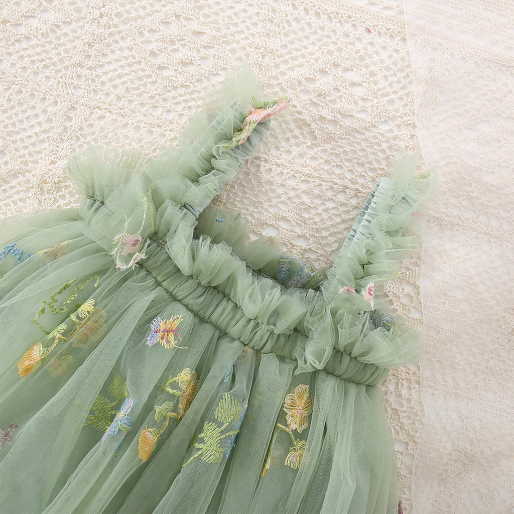 Été Arrivée douce et mignonne sangle florale Mesh robe pour les filles