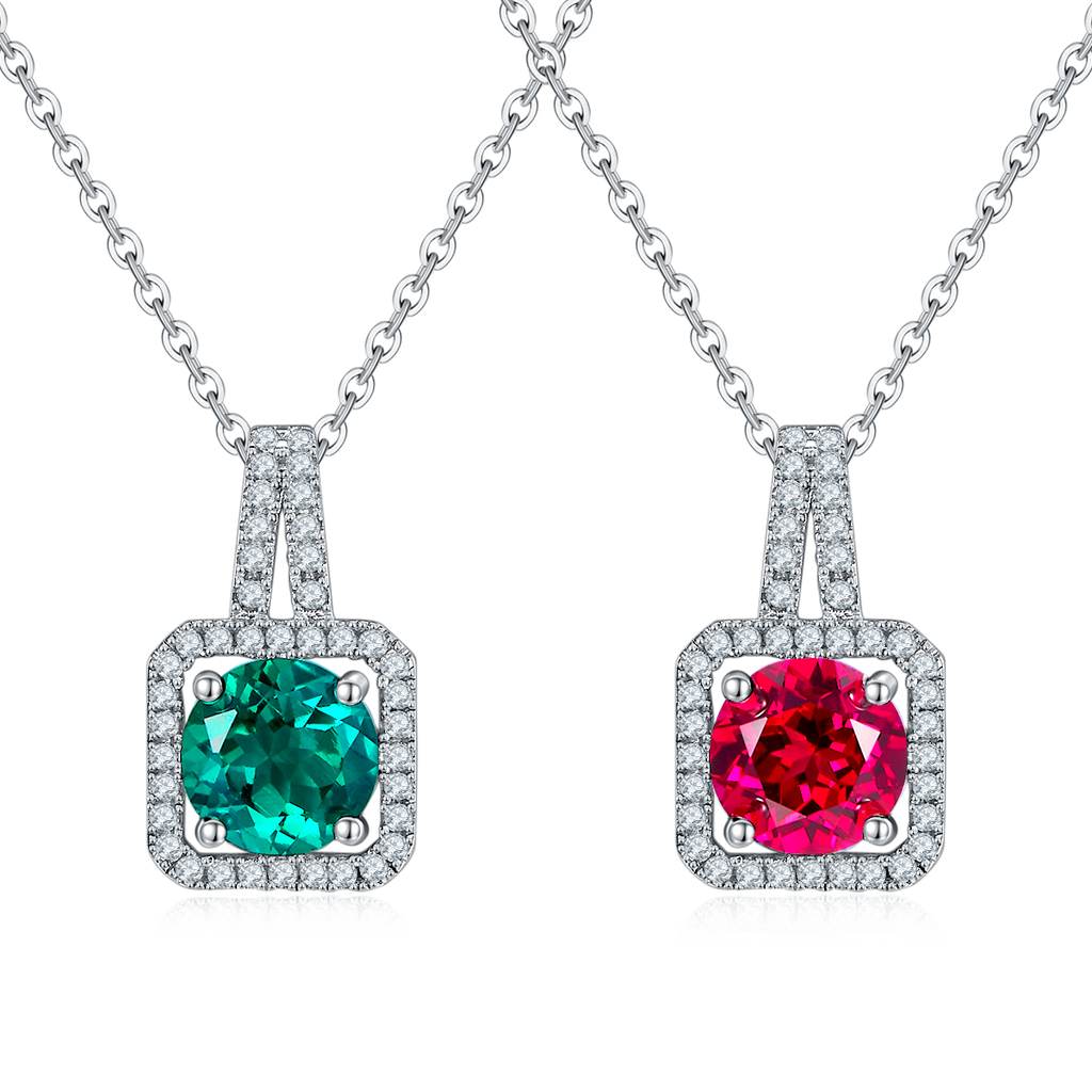 S925 Collier pendentif en argent Sterling 2ct Lab-Grown Ruby Emeraude