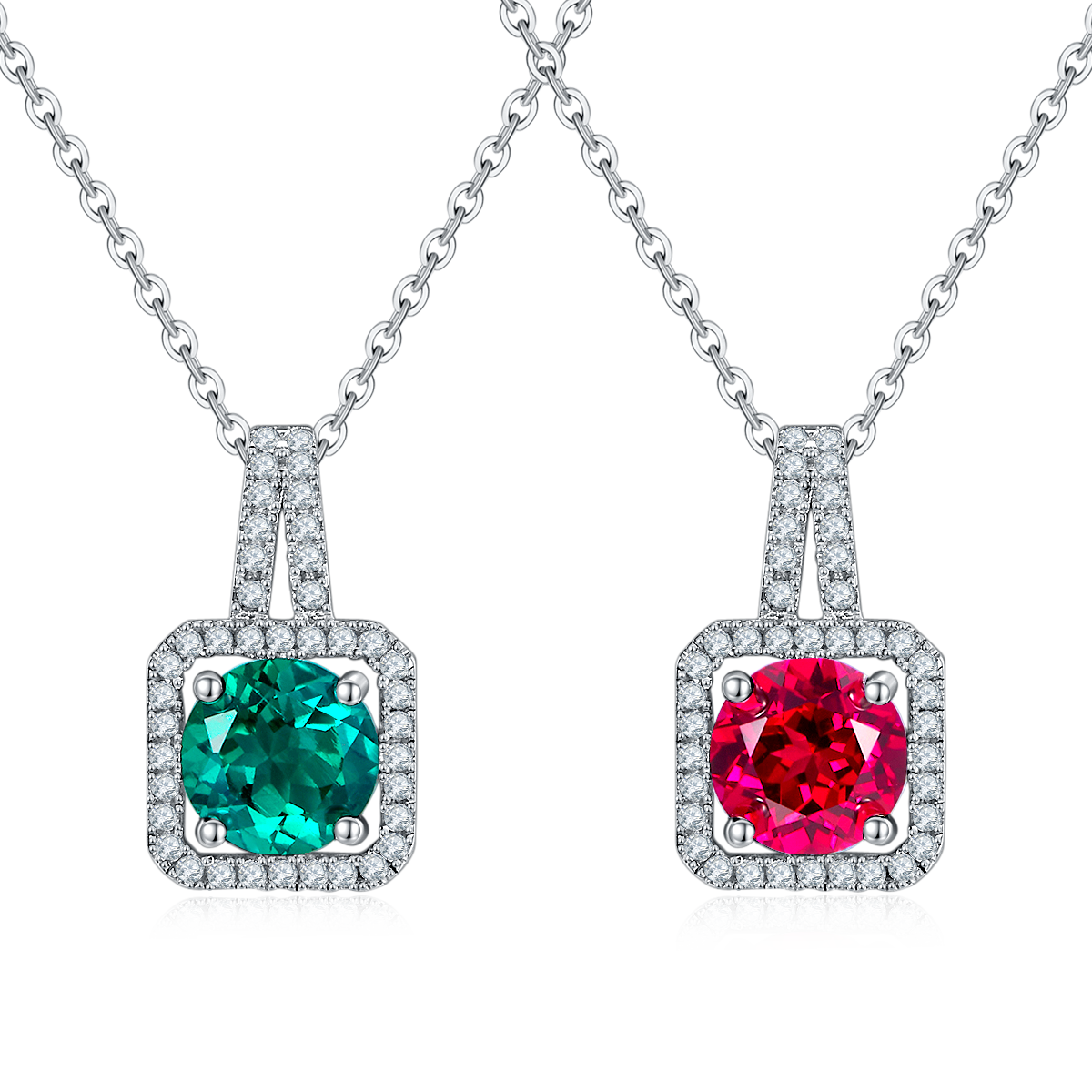 S925 Collier pendentif en argent Sterling 2ct Lab-Grown Ruby Emeraude