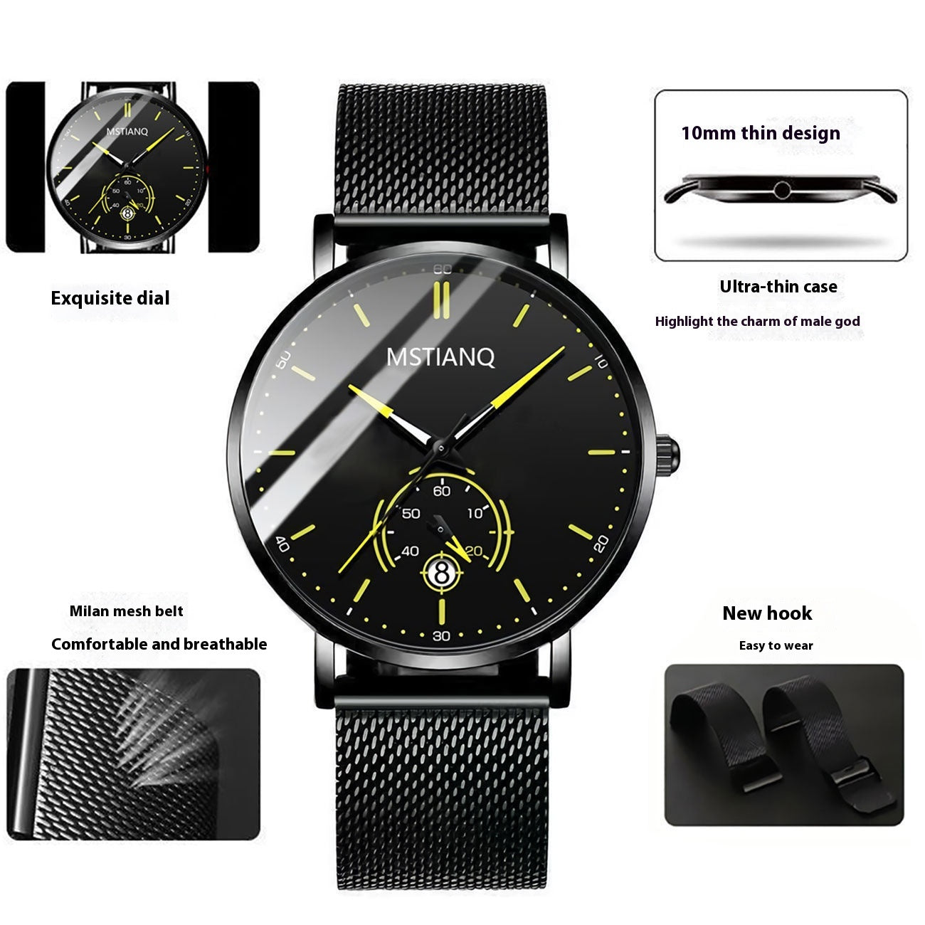 Trade Watch Stylish Black Technology Ceinture en acier raffiné calendrier casual coréen