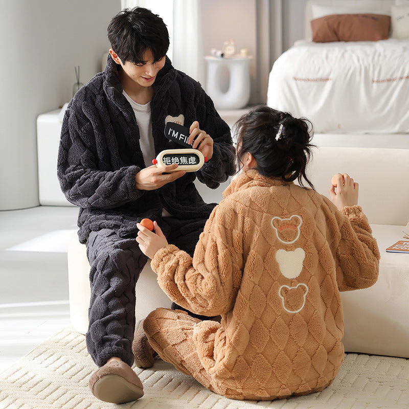 Couple Flannel Pyjamas hommes automne et hiver épais garder chaud zipper Cardigan mignon Co