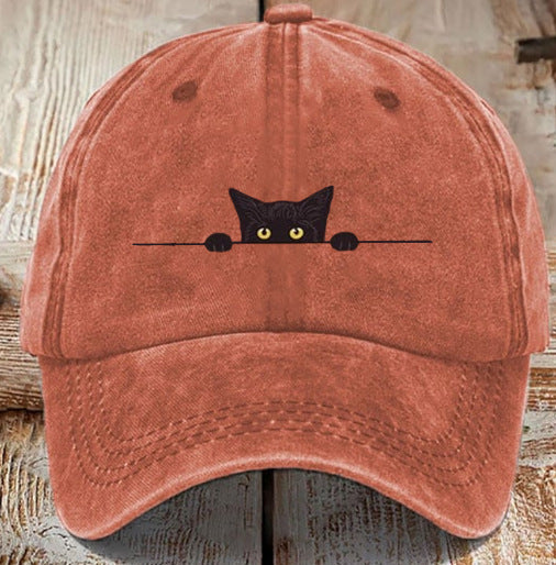 Chapeau en coton lavé imprimé chat avec une finition difficile