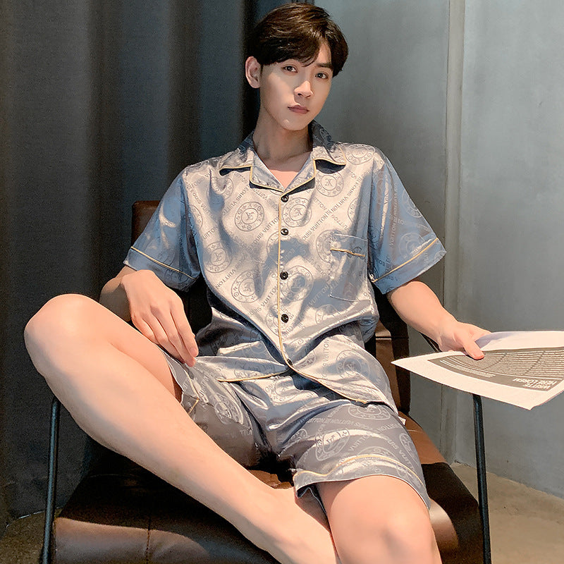 Pyjama pour homme Ice Ice Silk Thin Short Sleeve Plus Taille Loose Real Silk Jacquard Youth H