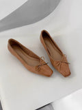 Women Retro Bow Shallow Mouth Slip On Single Shoes Genuine Leather Soft Sole Flat