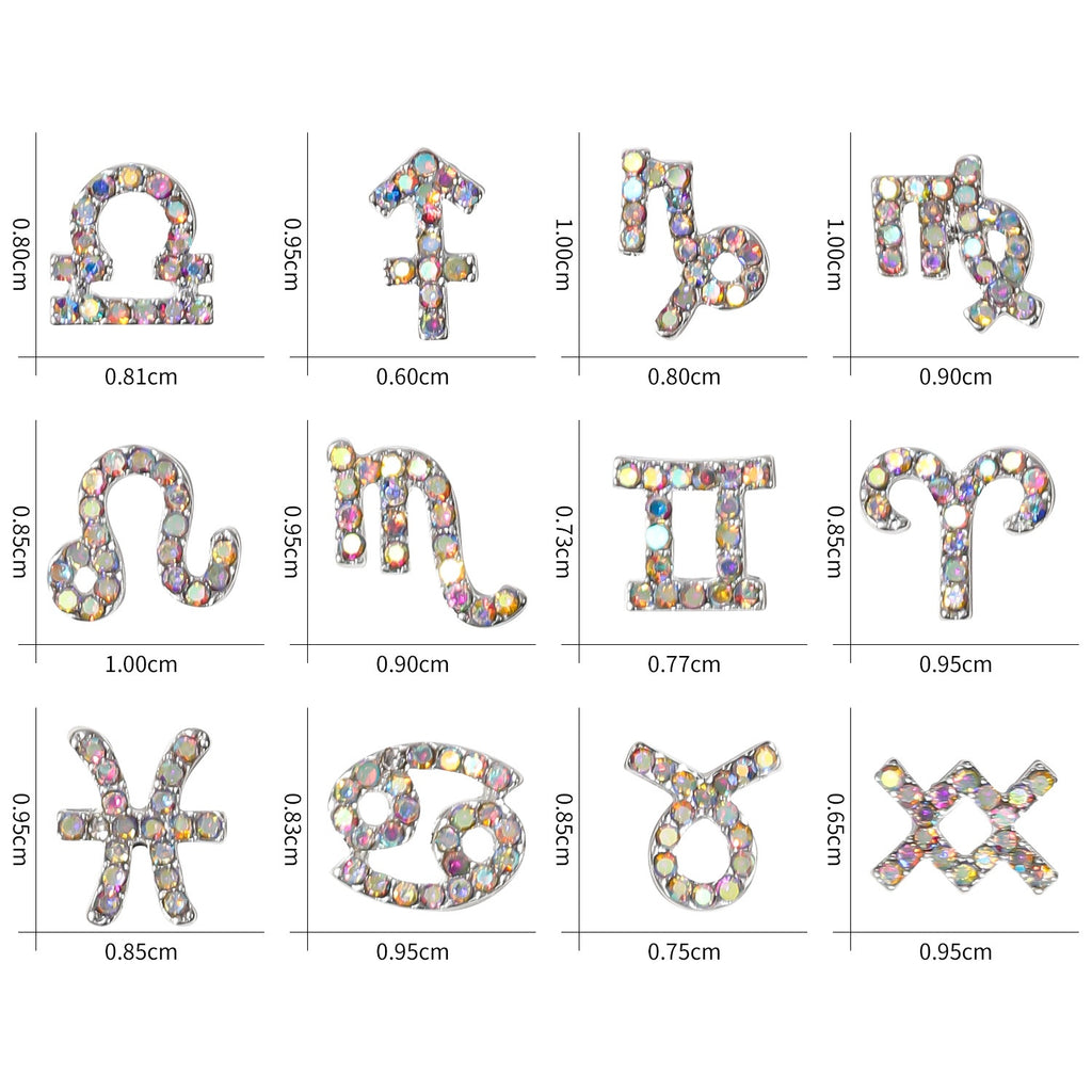 12 Stickers Filigrane Zodiac Art Accessoires Alliage Strass 3D pour Decorat de Nail Bricolage