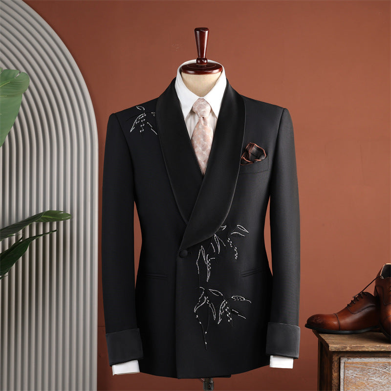 Hommes Châle noir Lapel Bamboo brodé Tuxedo ensemble deux pièces