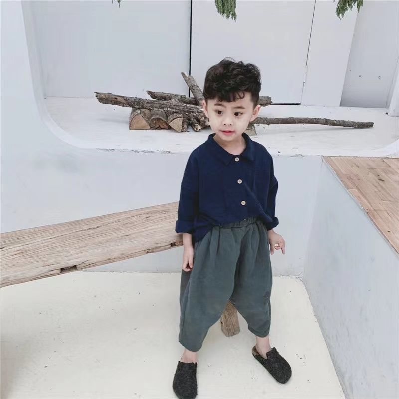 Chemise pour enfants Style japonais Retro Batwing Manche Lapel Lin de coton