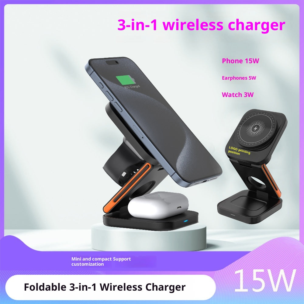 Chargeur magnétique sans fil pliant trois en un 15W multifonctionnel