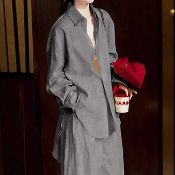 Chemise à manches longues et pantalons à manches longues relâchées style vieux-money