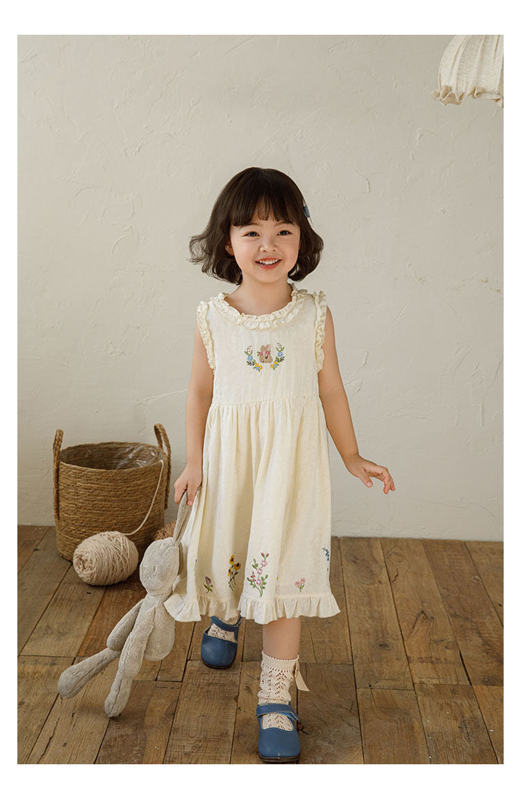 Robe de broderie florale en coton beige pour filles