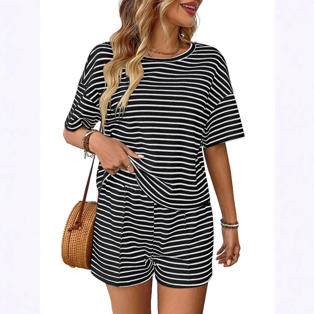 Women's Summer Knit Striped Mode Casual Shorts Ensemble sportif