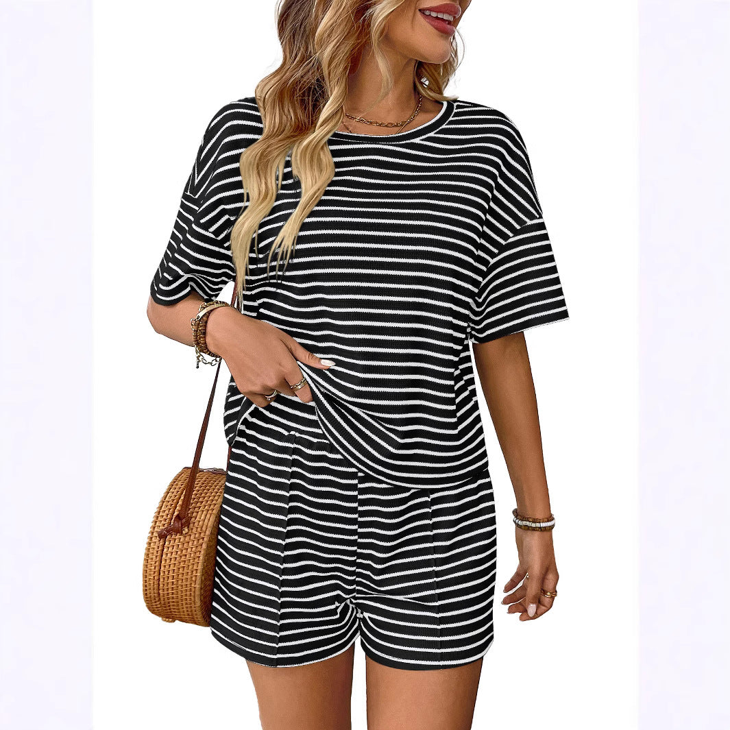 Women's Summer Knit Striped Mode Casual Shorts Ensemble sportif