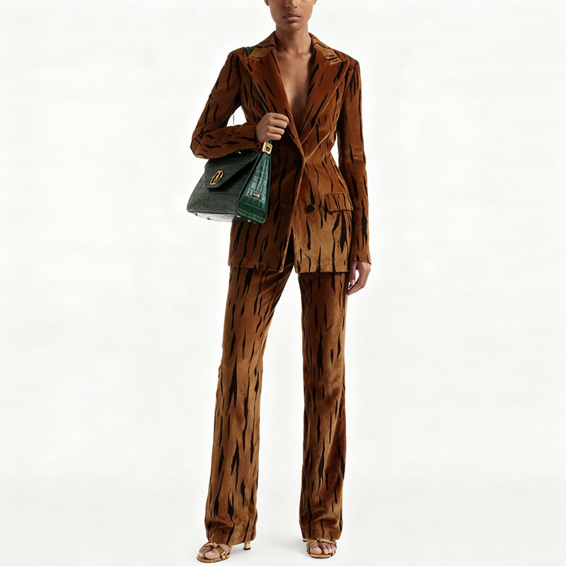 Tiger Stripe Velvet Two-Piece Suit-Double Breasted Blazer & High Waist Flared Floor-Length