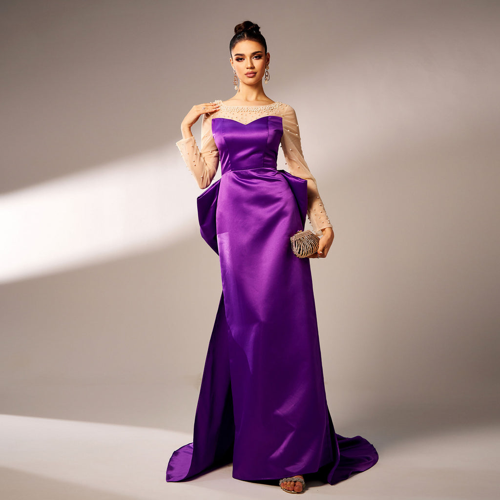 Long Sleeves Round Neck Beaded Party Dress with Large Bow