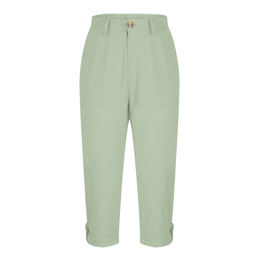 Vêtements de travail en couleur solide pour femmes Pantalons taille bouton Pantalons oreille Design Pantalons de jambes courbés pour femmes