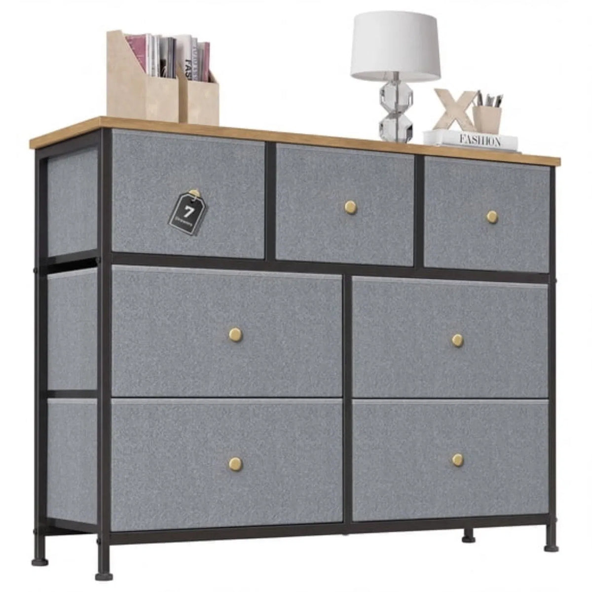 Dressing en tissu 7 tiroirs avec plateau en bois massif