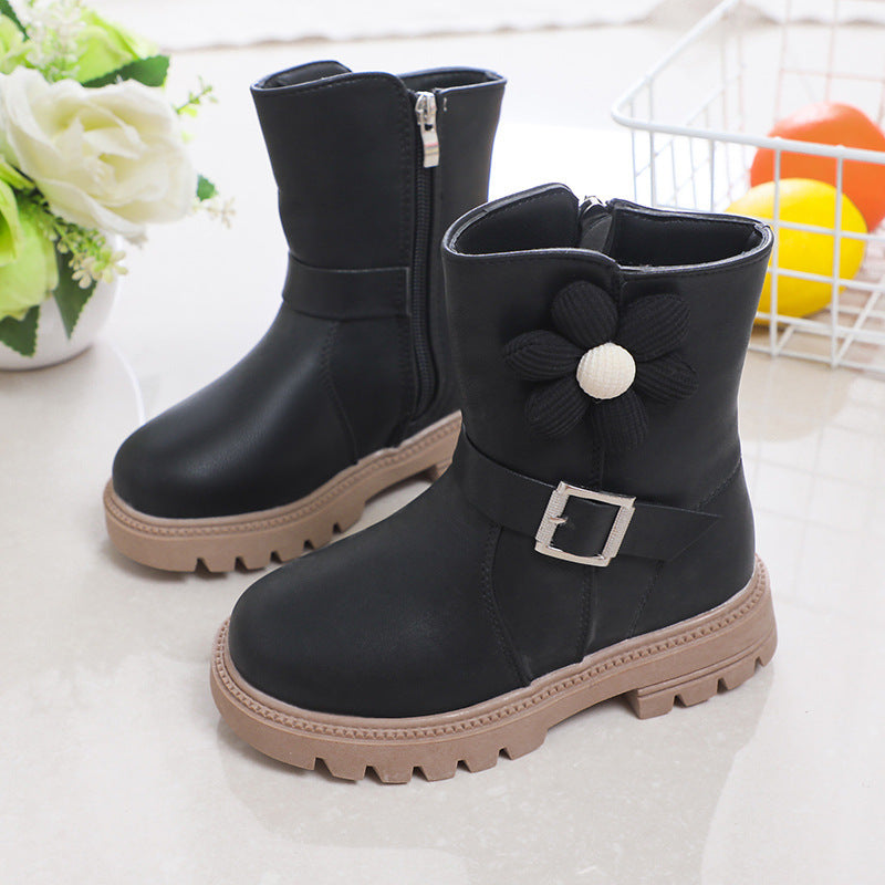 British Style Soft Bottom Western Style Fleurs Bottes en cuir de filles