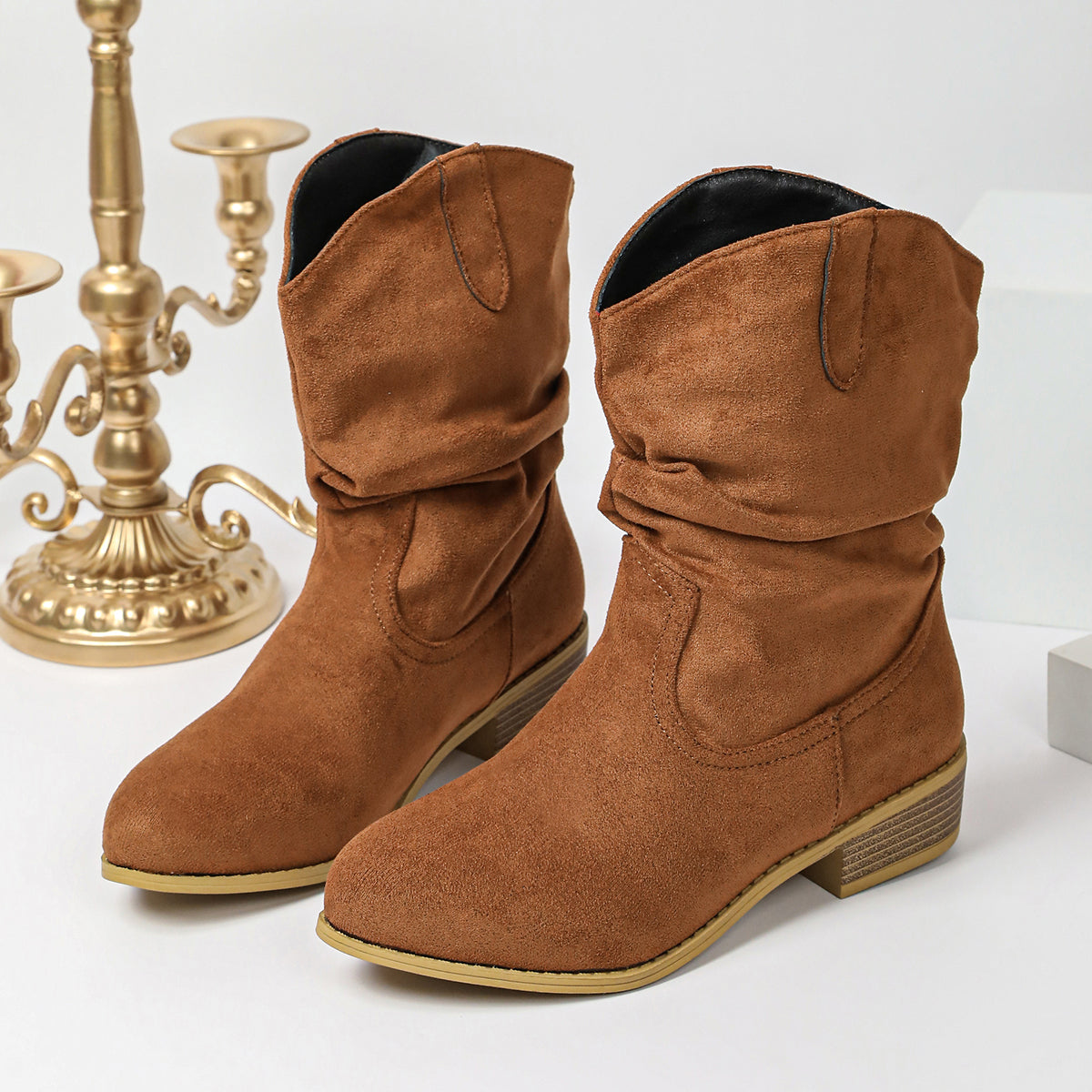 Automne Hiver Femmes Vintage Slouchy Bottes de l'Ouest Block intermédiaire Talon stretch Tir sur la cheville Boot