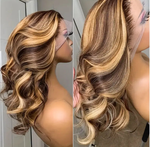 Femmes synthétique Piano-coloré avec Brown Highlights Long Wavy cheveux Gradient Style