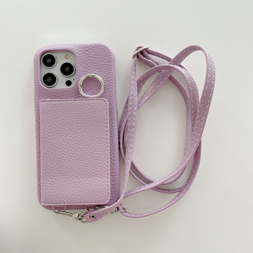 Motif Lychee Gauche et Droite Ouvert Miroir Beauté Étui de téléphone Lanyard
