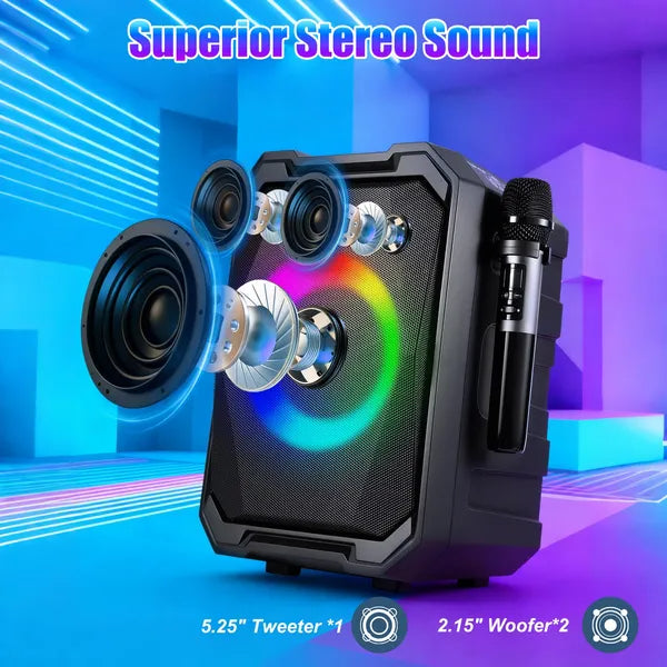 Haut-parleur de partie sans fil portable avec lumière LED 2 sans fil Mics télécommande TWS Music Ac