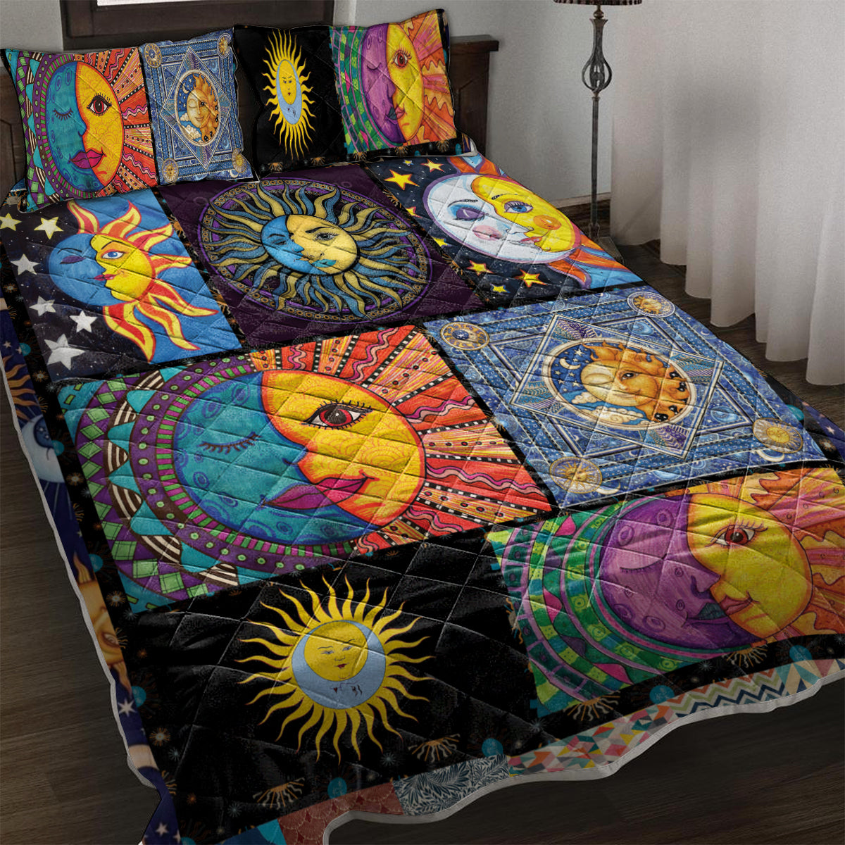 Bohemian Sun Moon Pattern Quilt Set Microfiber Soft Lightweight Portable Psychedelic Design