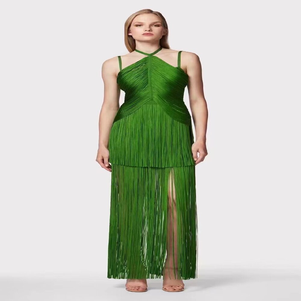 Green Halter Spaghetti Straps Tassel Diner Ball Robe