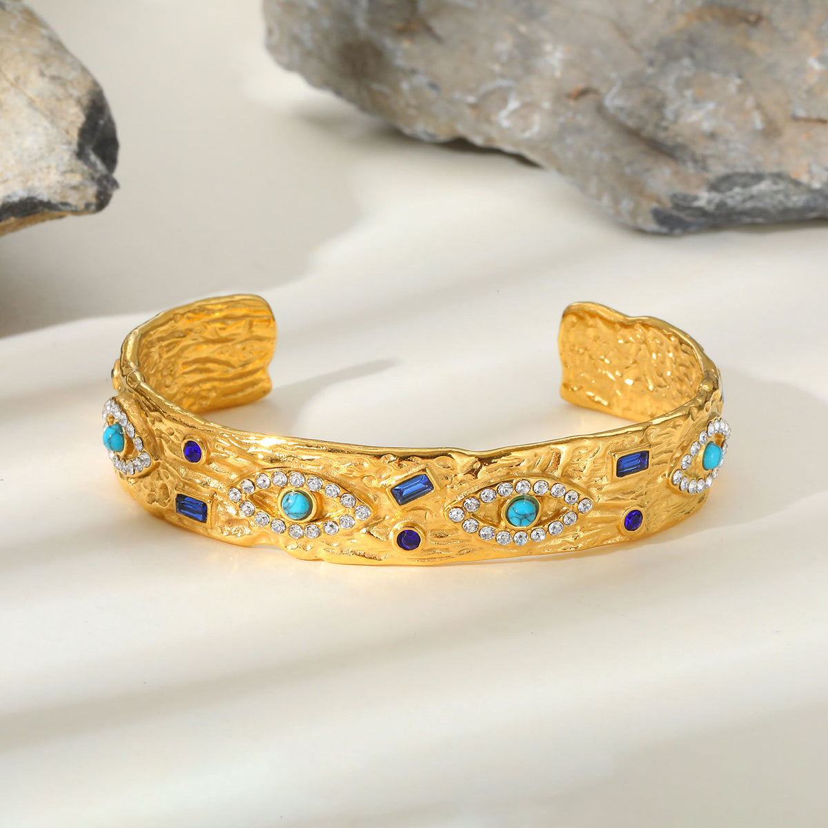 Acier inoxydable Zircon Turquoise Eye Bracelet ouvert en couleur or