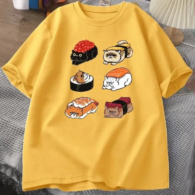 T-shirt Kawaii Cute Cat Sushi pour l'été