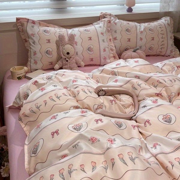 Draps de lit et couverture de couette en coton lavé doux Ensemble de quatre pièces