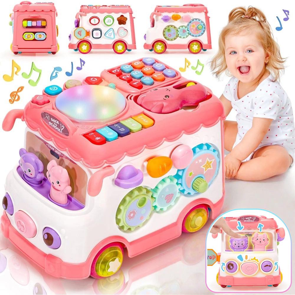 Jeu de jouets de bus d'activité bébé 6-en-1 Multifonctionnel d'apprentissage musical Bus comprend Mini voiture et
