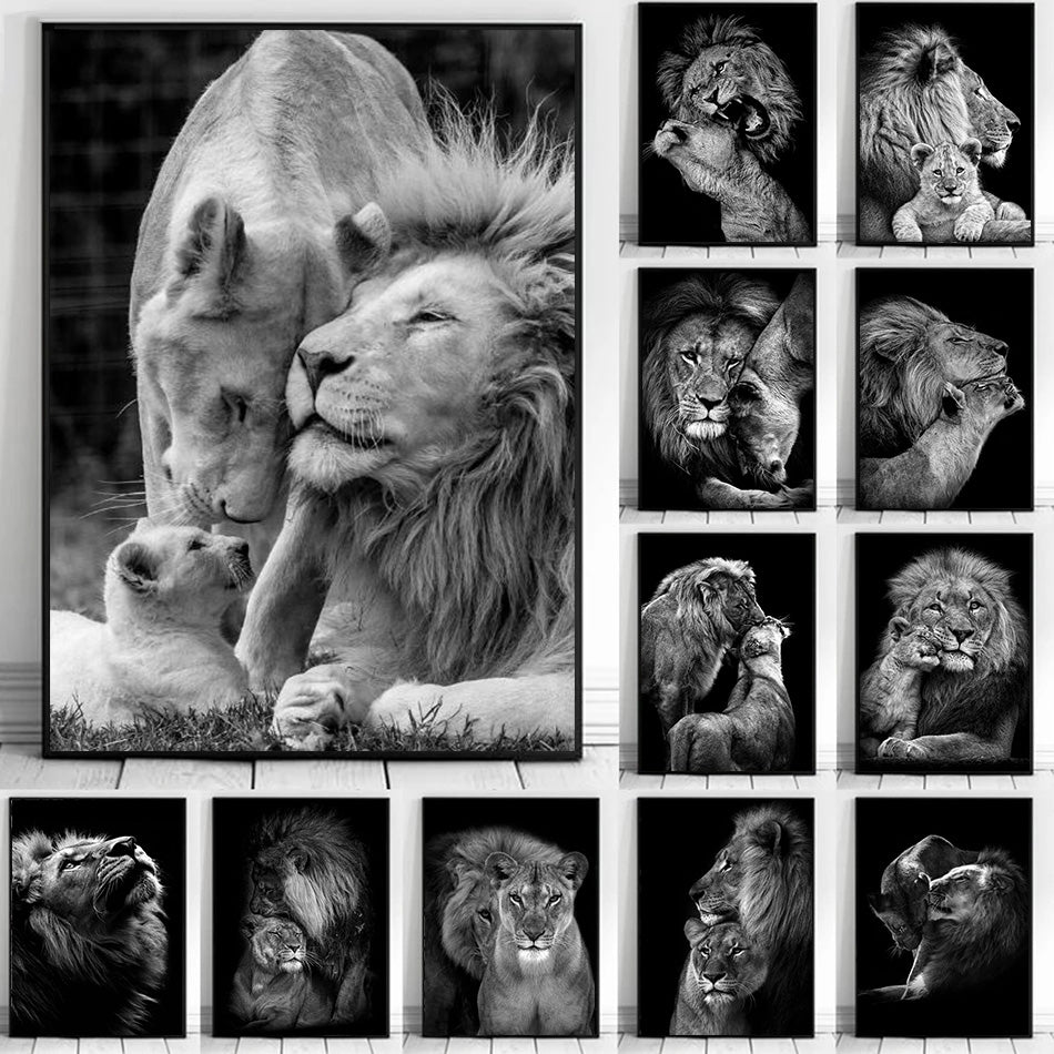Affiche de la famille Lion noir et blanc