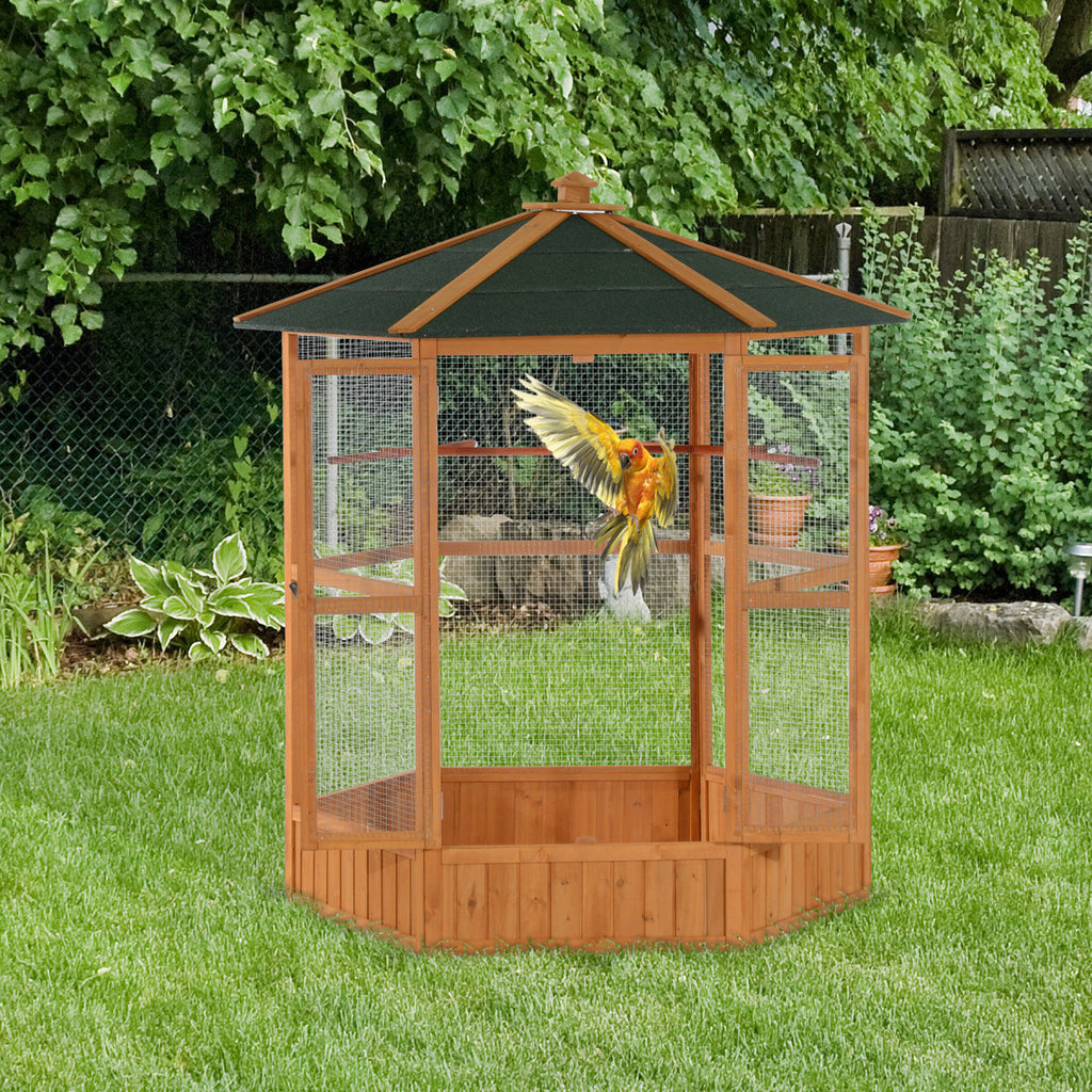 Cage d'oiseau de vol hexagonal extérieur en bois de 69 po avec toit couvert
