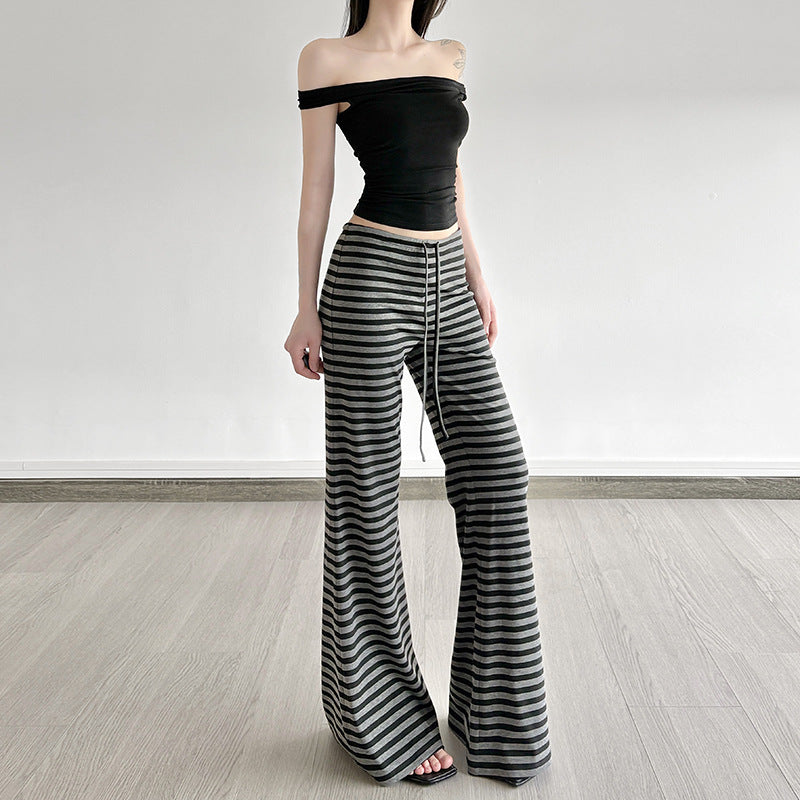 Style américain Retro Color-block Striped Tie-detail Boot-cut Lounge Pantalons