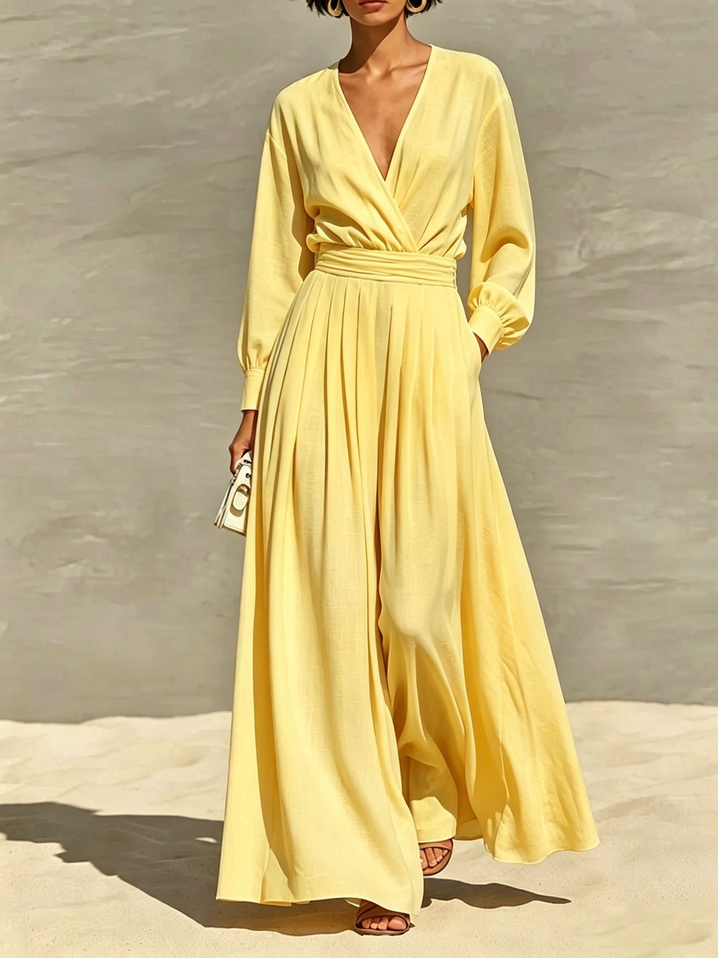 Robe de saut en V coiffée couleur solide pour femmes