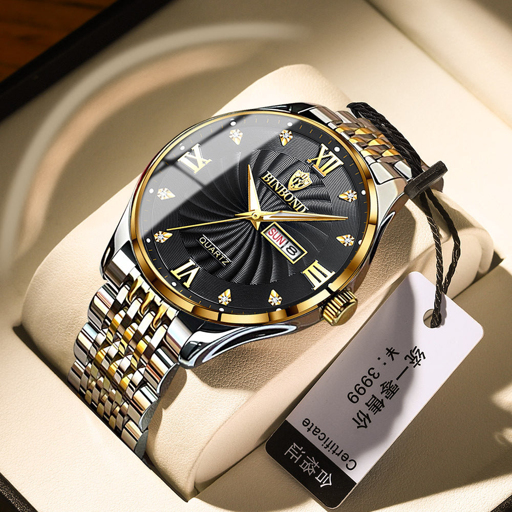 Fashion Quartz Montres en acier Ceinture Double Calendrier Montres Homme Imperméable