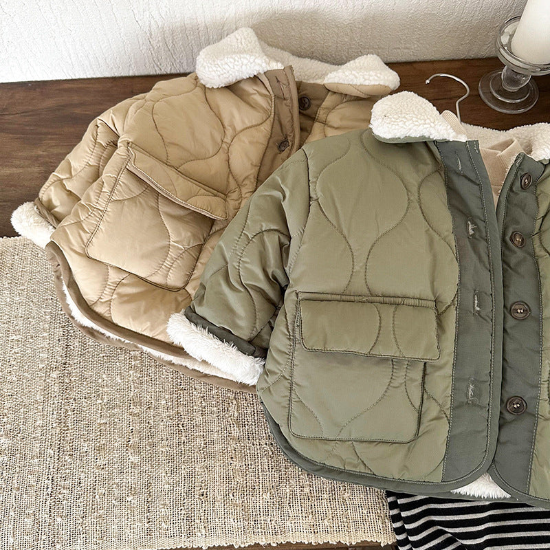 Style coréen Collier en fourrure d'agneau doublée de polaire Épaisseur coton rembourré Mode de manteau