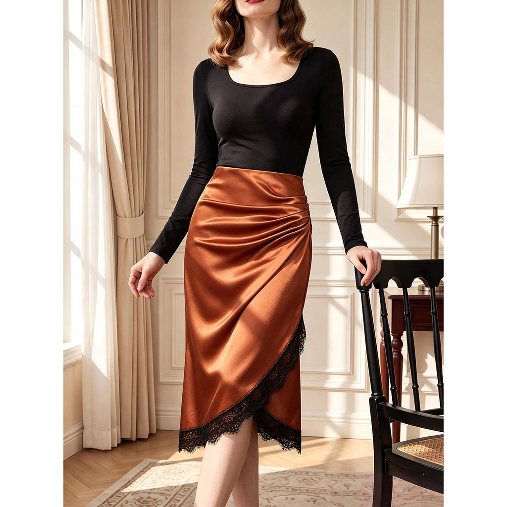 Jupe satinée européenne et américaine de couleur caramel pour femmes
