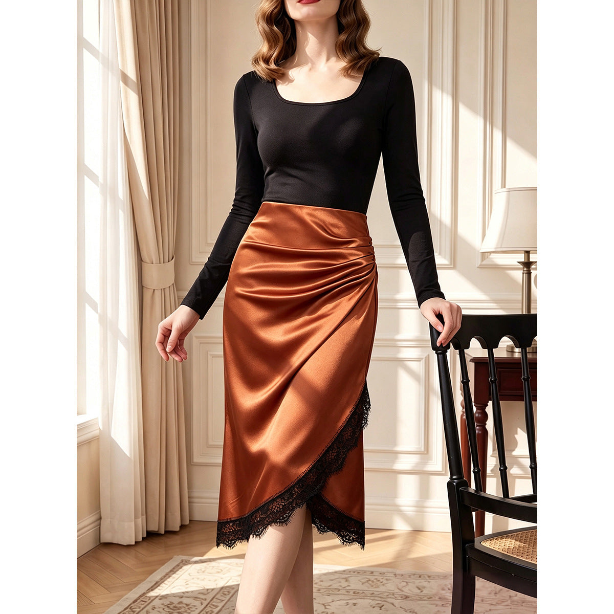 Jupe satinée européenne et américaine de couleur caramel pour femmes