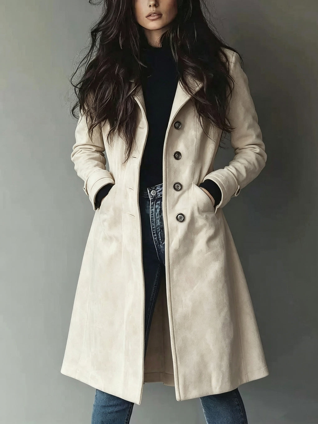 European American Style Women's Fall Winter Lapel Suede Mid-Length Trench Coat