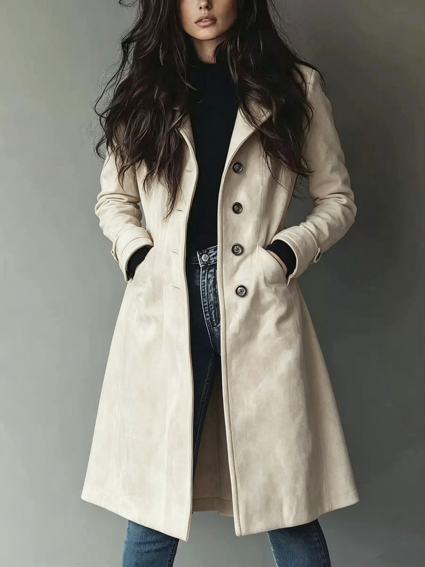 European American Style Women's Fall Winter Lapel Suede Mid-Length Trench Coat