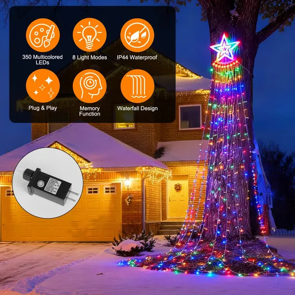1Pc 11.48FT 350LED Multicolored Christmas Star Waterfall Tree String Light Indoor Outdoor