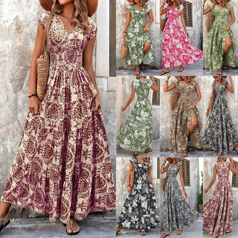 Bohemian Été Arrivée Mode Élégant Vintage Imprimer V-Neck manches courtes Maxi Robe