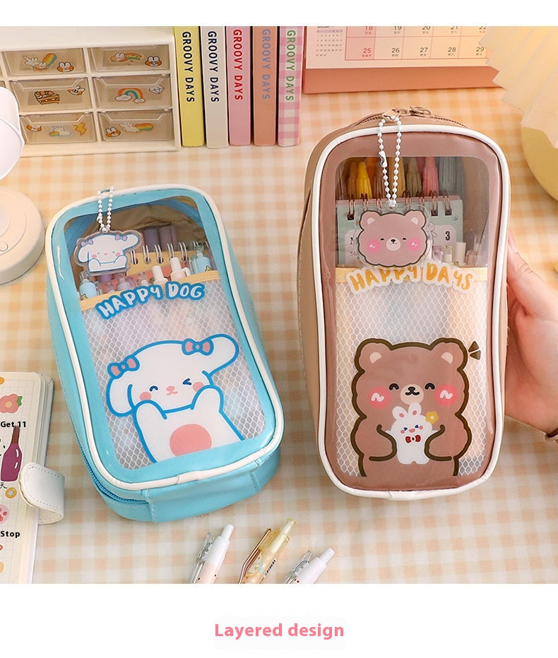 Cartoon papeterie grande capacité transparent et mignon étudiant stylo boîte de papeterie