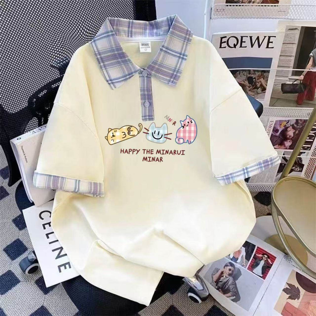 Imprime-lettre mignon à trois chats à manches courtes Plaid Loose-fit Trendy Top style Preppy