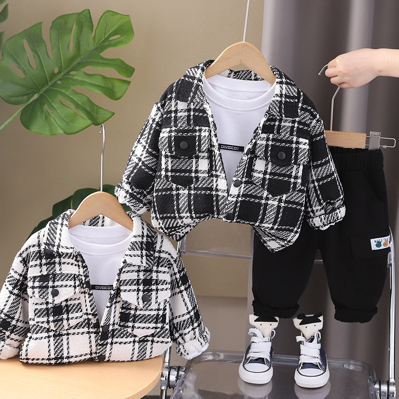 Spring And Autumn Casual Plaid Long-Sleeved Shirt Three-Piece Set