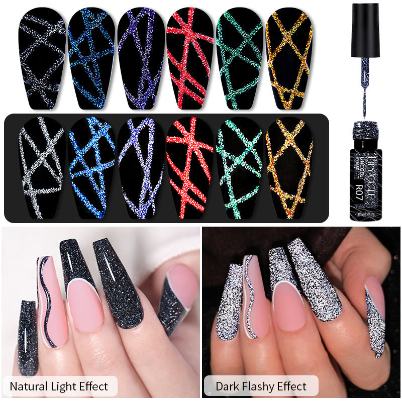 Gel d'ongle avec une finition brossée et des paillettes réfléchissantes